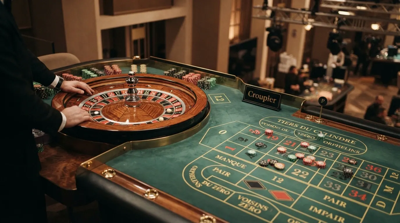 Un primo piano del tavolo da French Roulette live con il cilindro della ruota, le puntate sul panno verde e il croupier in attesa del lancio
