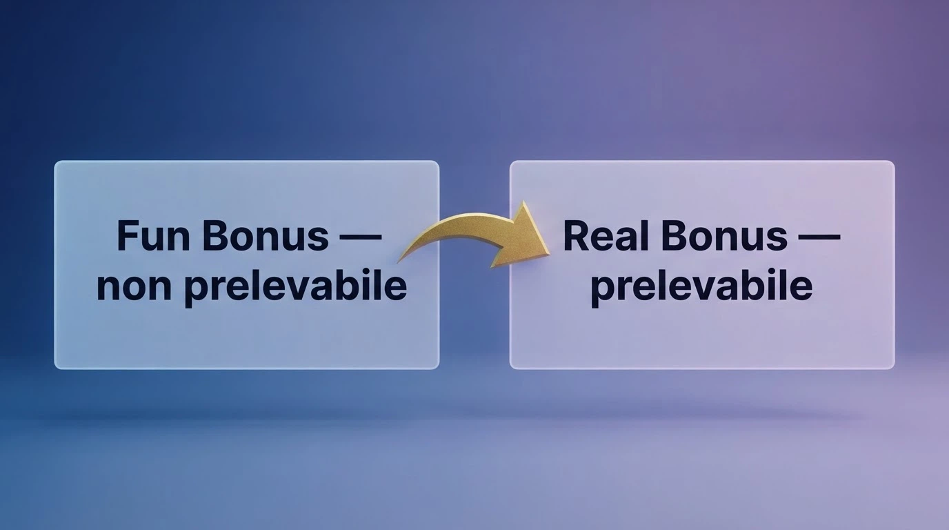 Schema che mette a confronto due riquadri di saldo: uno etichettato «Fun Bonus — non prelevabile» e uno «Real Bonus — prelevabile» con una freccia che indica la conversione via wagering