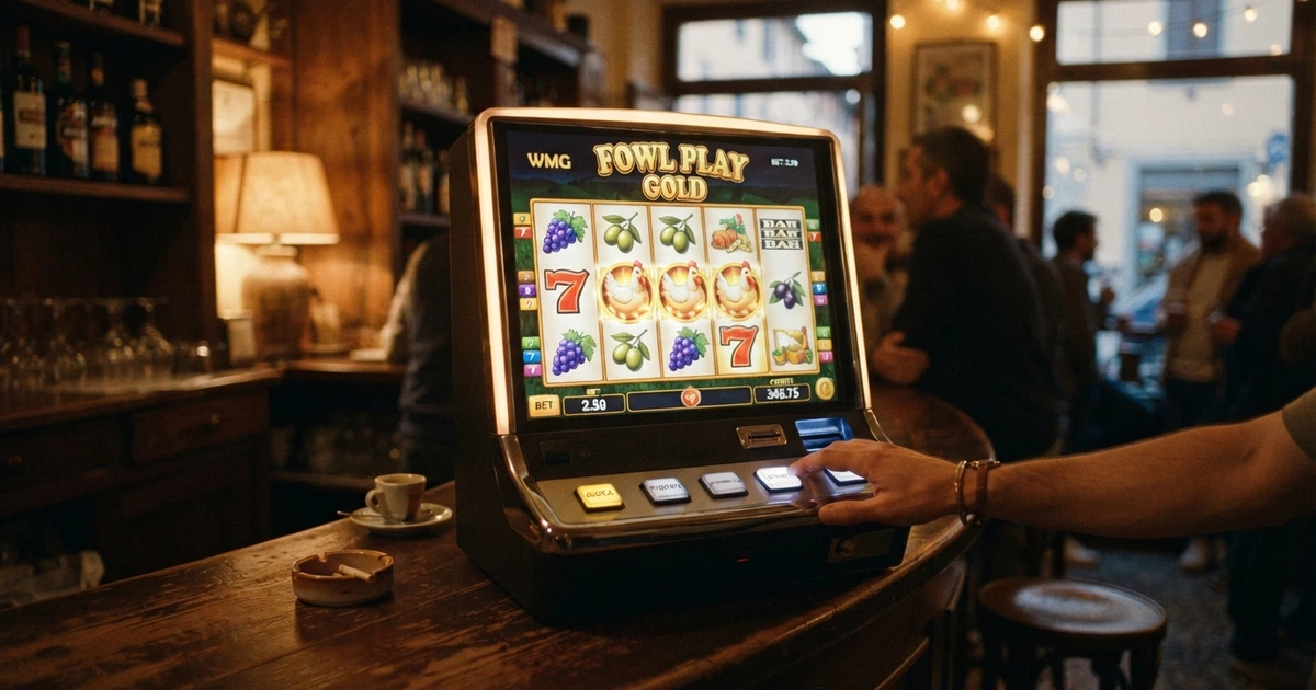 L'interfaccia di una slot WMG con la gallina Fowl Play in primo piano, su sfondo i rulli 5×3 con simboli classici italiani