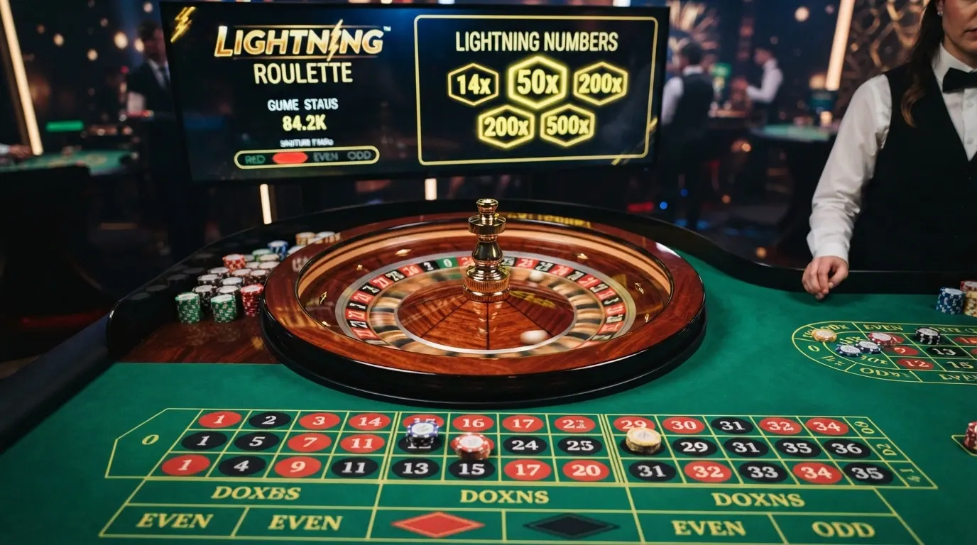 Primo piano di una ruota della roulette dal vivo con la pallina in movimento, il tavolo verde con il tappeto delle puntate e i moltiplicatori Lightning evidenziati sullo schermo.