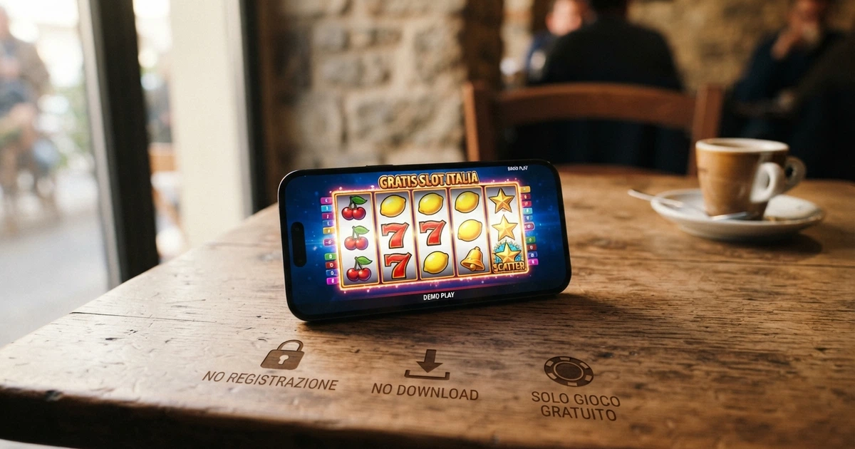 Una persona seduta al computer con lo schermo che mostra una slot machine colorata in modalità demo, circondata da icone che rappresentano l'assenza di registrazione, download e denaro reale