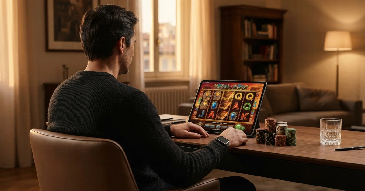 Un giocatore seduto a un tavolo da gioco virtuale con fiches alte impilate davanti allo schermo, in un ambiente domestico elegante