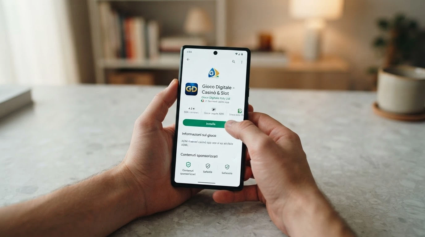 La schermata del Google Play Store con la pagina di download di un'app casinò ufficiale, il pulsante «Installa» in evidenza e il nome del concessionario visibile.