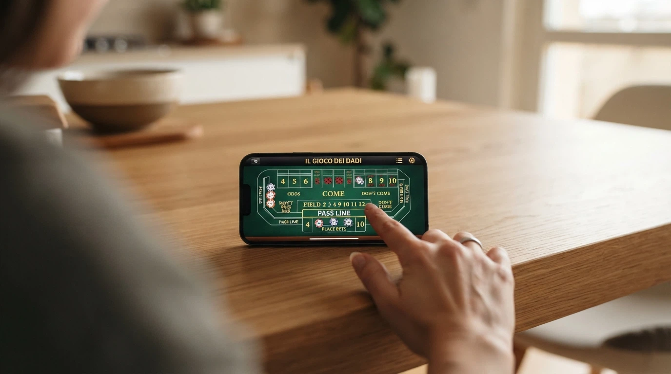 Schermata di un casinò online in italiano con il tavolo da craps in modalità demo, puntate piazzate sul layout e saldo in denaro virtuale visibile in alto