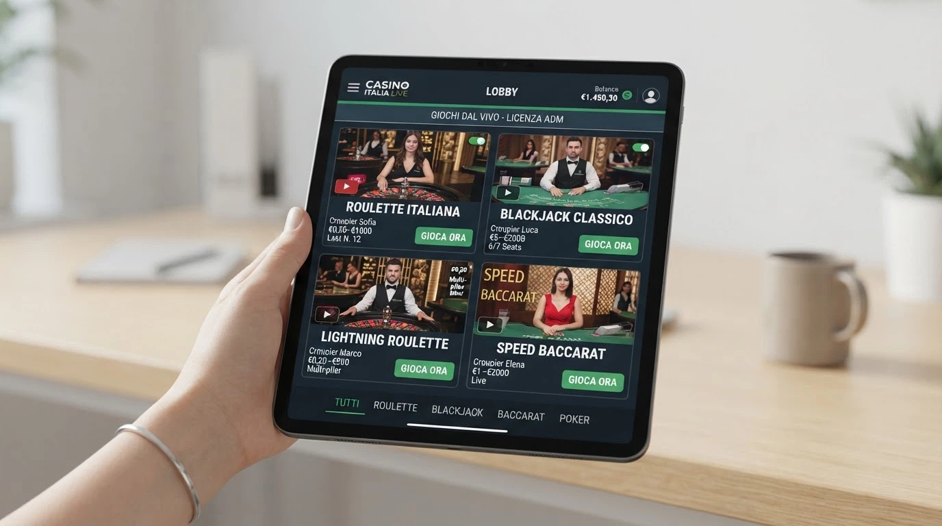 L'interfaccia di un casinò live con licenza ADM: anteprime multiple di tavoli attivi, croupier in divisa e pulsanti di puntata in lingua italiana su schermo.