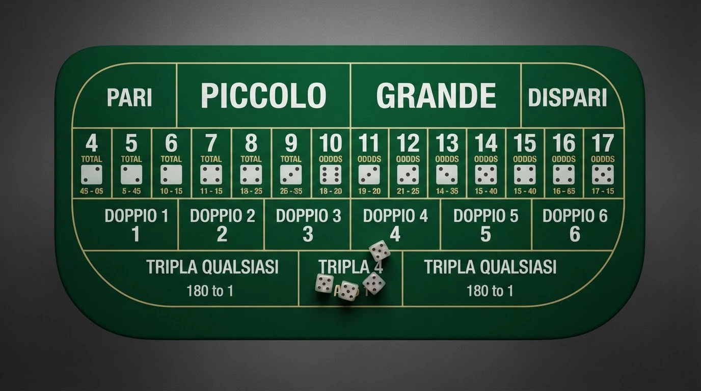 La disposizione completa di un tavolo da Sic Bo con tutte le aree di puntata etichettate: Piccolo, Grande, Pari, Dispari, totali, doppie e triple