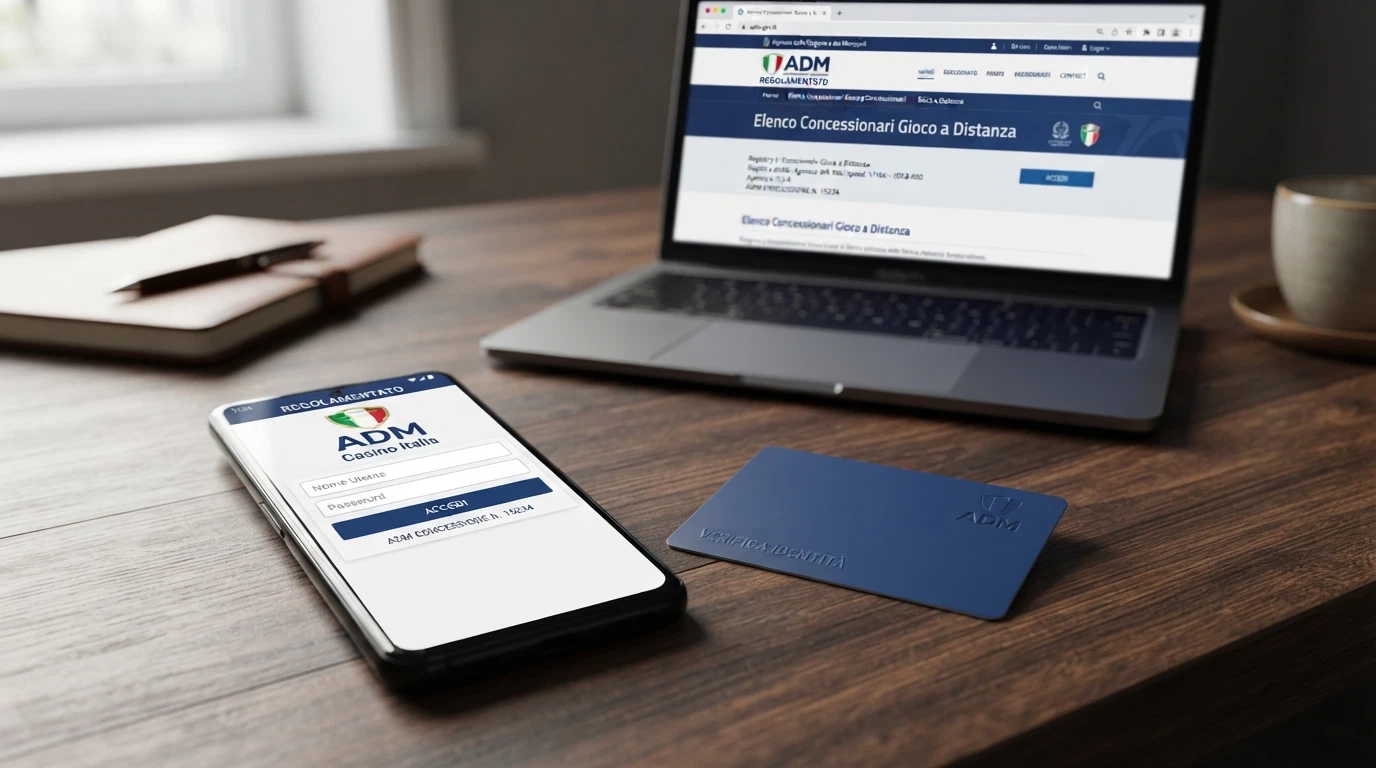 Il logo ADM accanto all'icona di un'app casino sullo schermo di un telefono, con il registro pubblico dei concessionari visibile sullo sfondo