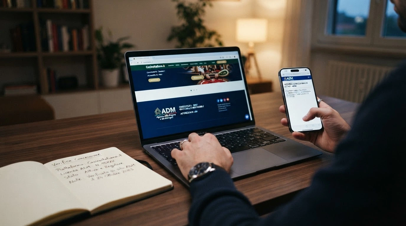 Logo dell'Agenzia delle Dogane e dei Monopoli e numero di concessione nel footer di un sito di casinò online