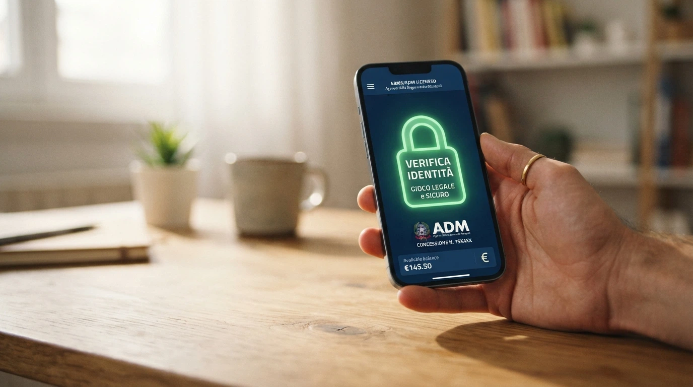 Una mano che controlla sullo smartphone la licenza di un casinò online, con un lucchetto verde e la scritta «gioco legale» sullo schermo