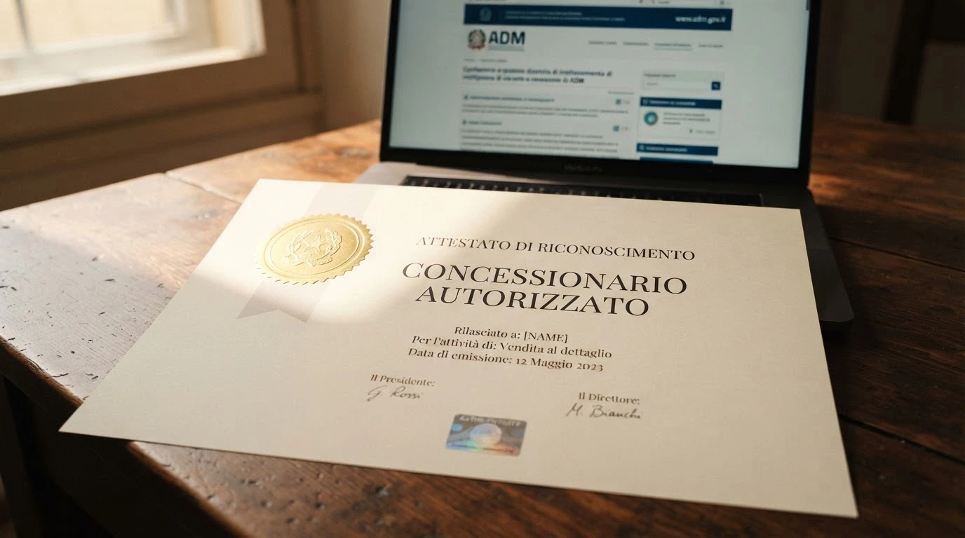 Il logo ufficiale dell'Agenzia delle Dogane e dei Monopoli accanto alla dicitura «concessionario autorizzato», con lo sfondo del sito istituzionale ADM