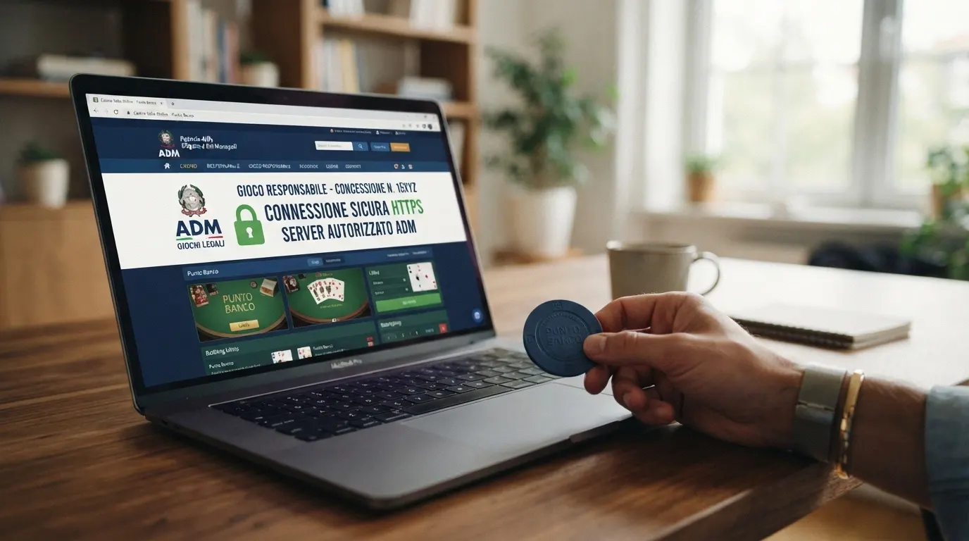 Il logo ufficiale dell'Agenzia delle Dogane e dei Monopoli accanto alla schermata di un casinò online con icona del lucchetto e la dicitura «connessione sicura»