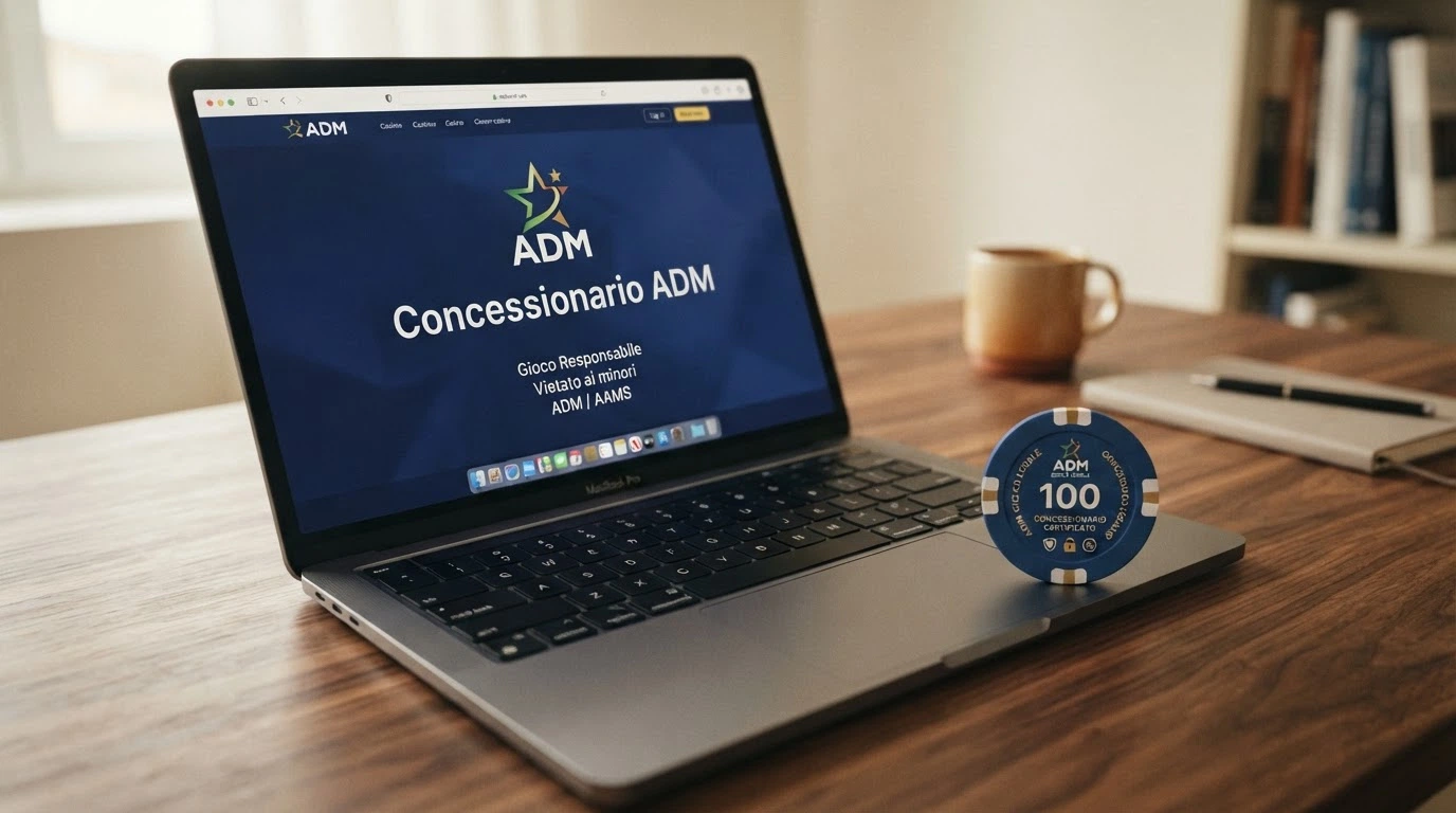 Il logo ufficiale dell'Agenzia delle Dogane e dei Monopoli accanto alla dicitura «Concessionario ADM» e un lucchetto aperto che rivela le tutele: RUA, limite di deposito, autoesclusione