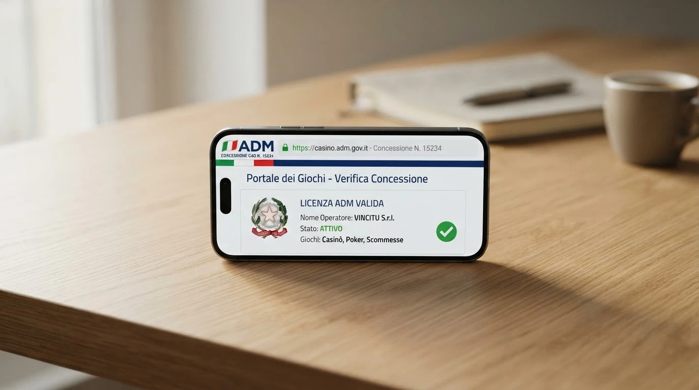 Il logo ufficiale dell'Agenzia delle Dogane e dei Monopoli accanto a uno smartphone che mostra la schermata di verifica della licenza di un casinò, con il numero di concessione in evidenza e l'icona del lucchetto HTTPS
