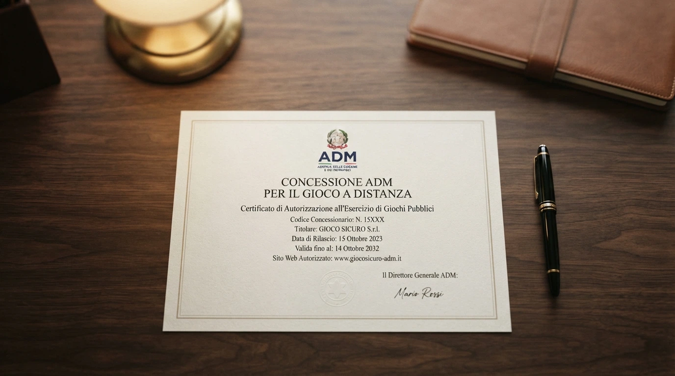 Il logo ufficiale dell'Agenzia delle Dogane e dei Monopoli accanto alla dicitura «concessionario autorizzato», con un dettaglio della Determinazione di concessione e l'anno di assegnazione