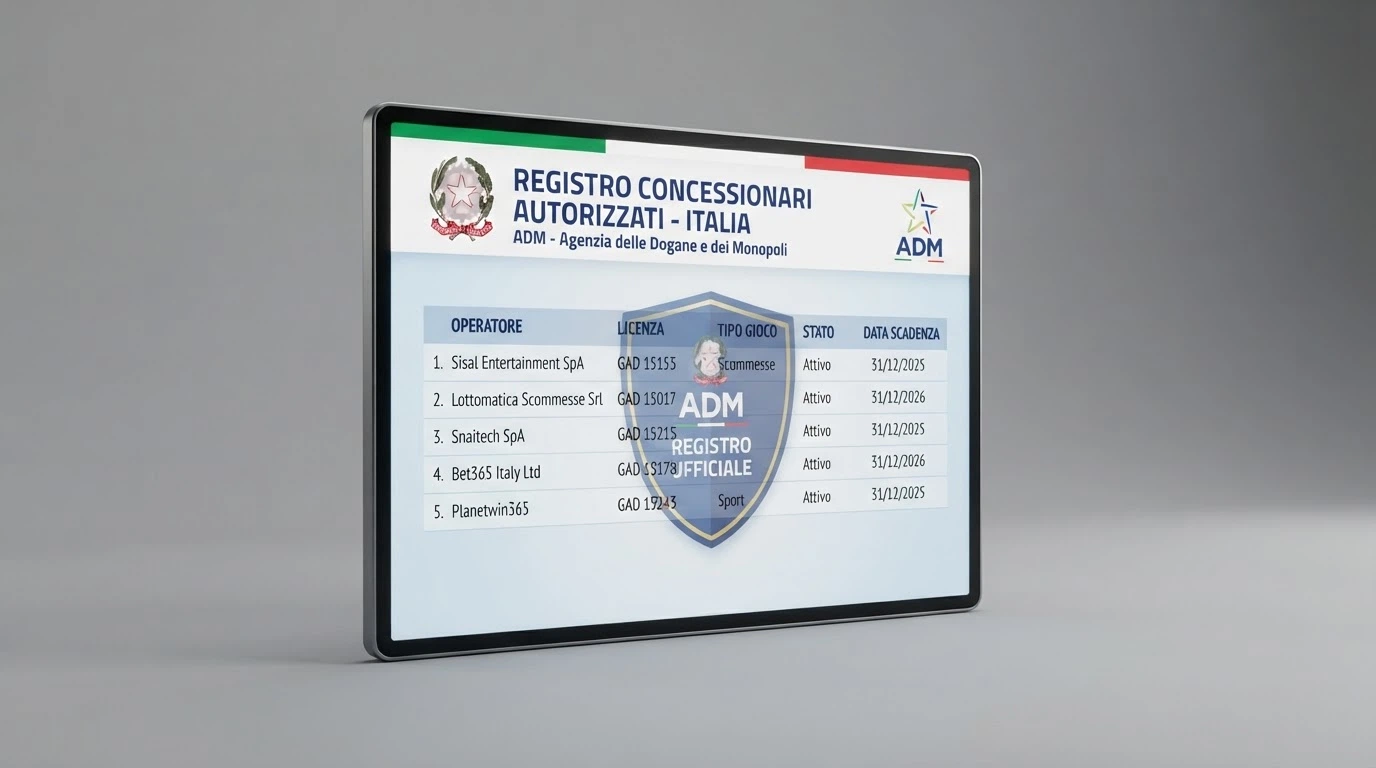 Il logo ufficiale dell'Agenzia delle Dogane e dei Monopoli accanto a uno schermo che mostra il registro online dei concessionari autorizzati