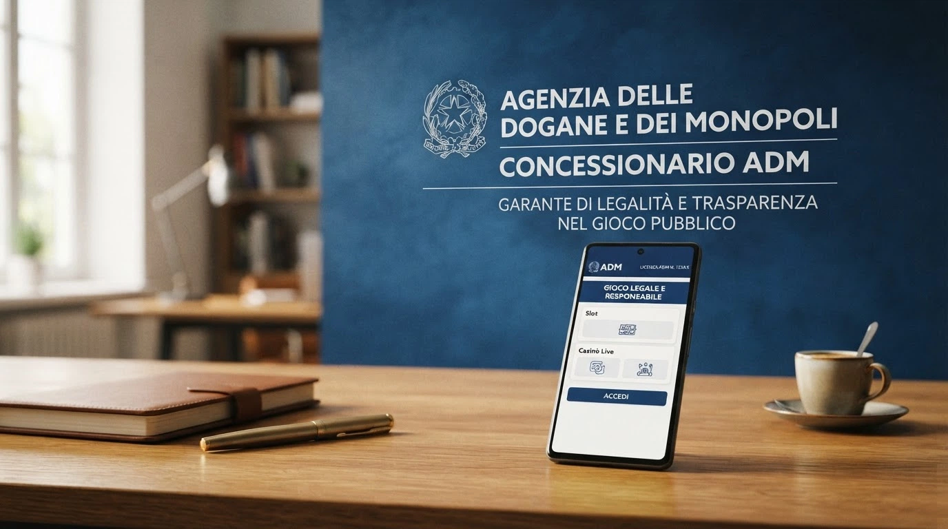Il logo ufficiale dell'Agenzia delle Dogane e dei Monopoli accanto alla dicitura «Concessionario ADM» su sfondo istituzionale blu