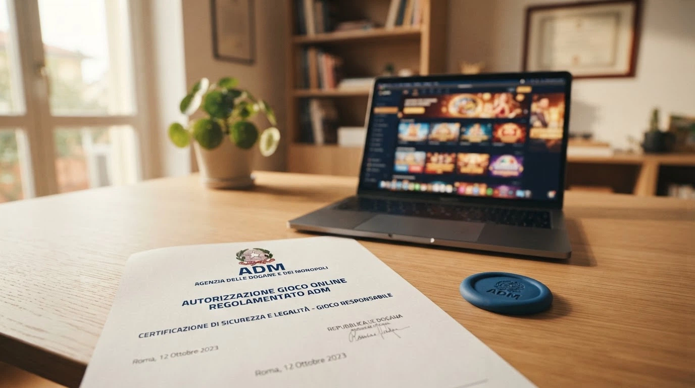 Il logo ufficiale dell'Agenzia delle Dogane e dei Monopoli affiancato da un'icona di scudo e un lucchetto, su un desktop con un casinò online in background