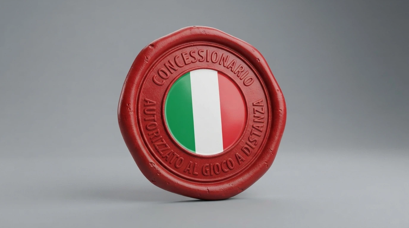 Il logo ufficiale ADM accanto alla scritta «Concessionario autorizzato al gioco a distanza», con un timbro che riporta il numero di concessione e la bandiera italiana sullo sfondo