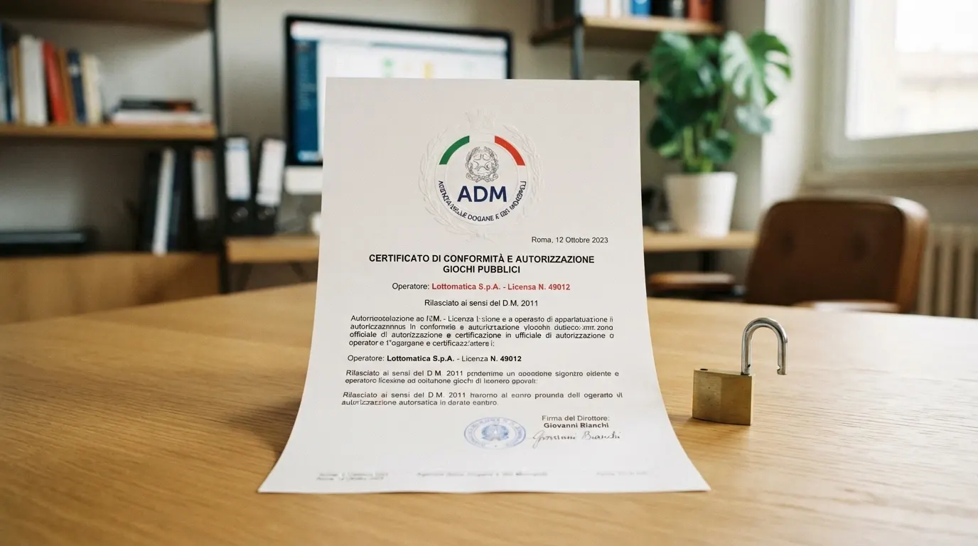 Il logo ufficiale dell'ADM (Agenzia delle Dogane e dei Monopoli) accanto a un lucchetto aperto e alla bandiera italiana, su sfondo pulito istituzionale
