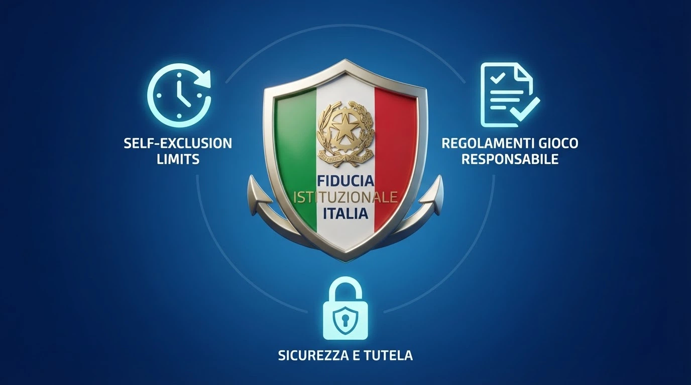 Logo ufficiale dell'Agenzia delle Dogane e dei Monopoli accanto a icone di protezione del giocatore