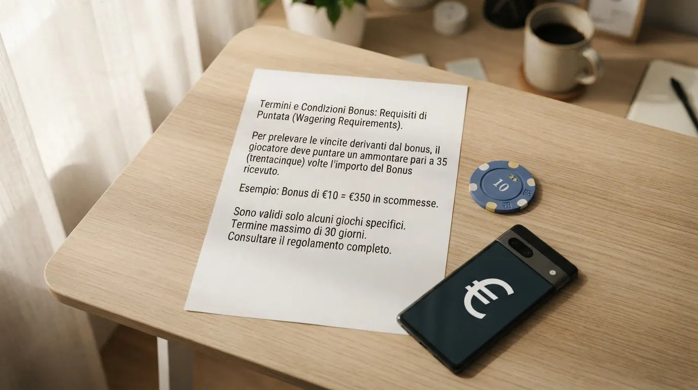 Il logo dell'Agenzia delle Dogane e dei Monopoli accanto al simbolo del gioco legale in Italia e a un estratto dei termini di wagering di un bonus