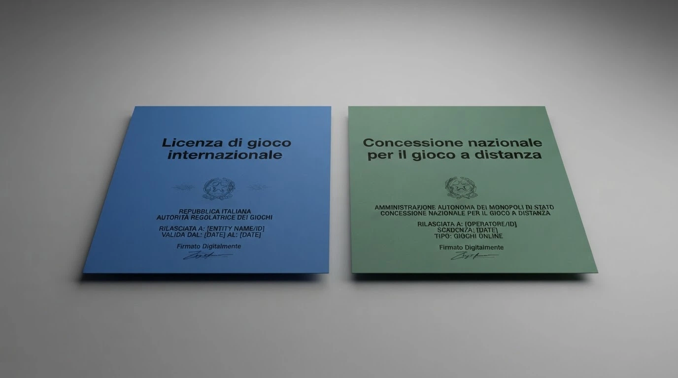 Un confronto visivo tra un certificato di licenza Curacao e un documento ufficiale ADM, con elementi grafici che evidenziano le differenze