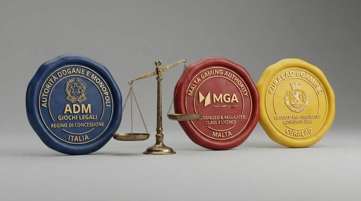 Tre timbri ufficiali stilizzati affiancati: il logo ADM/AAMS, il logo MGA (Malta Gaming Authority) e il logo Curaçao eGaming, con una bilancia che pende verso ADM.