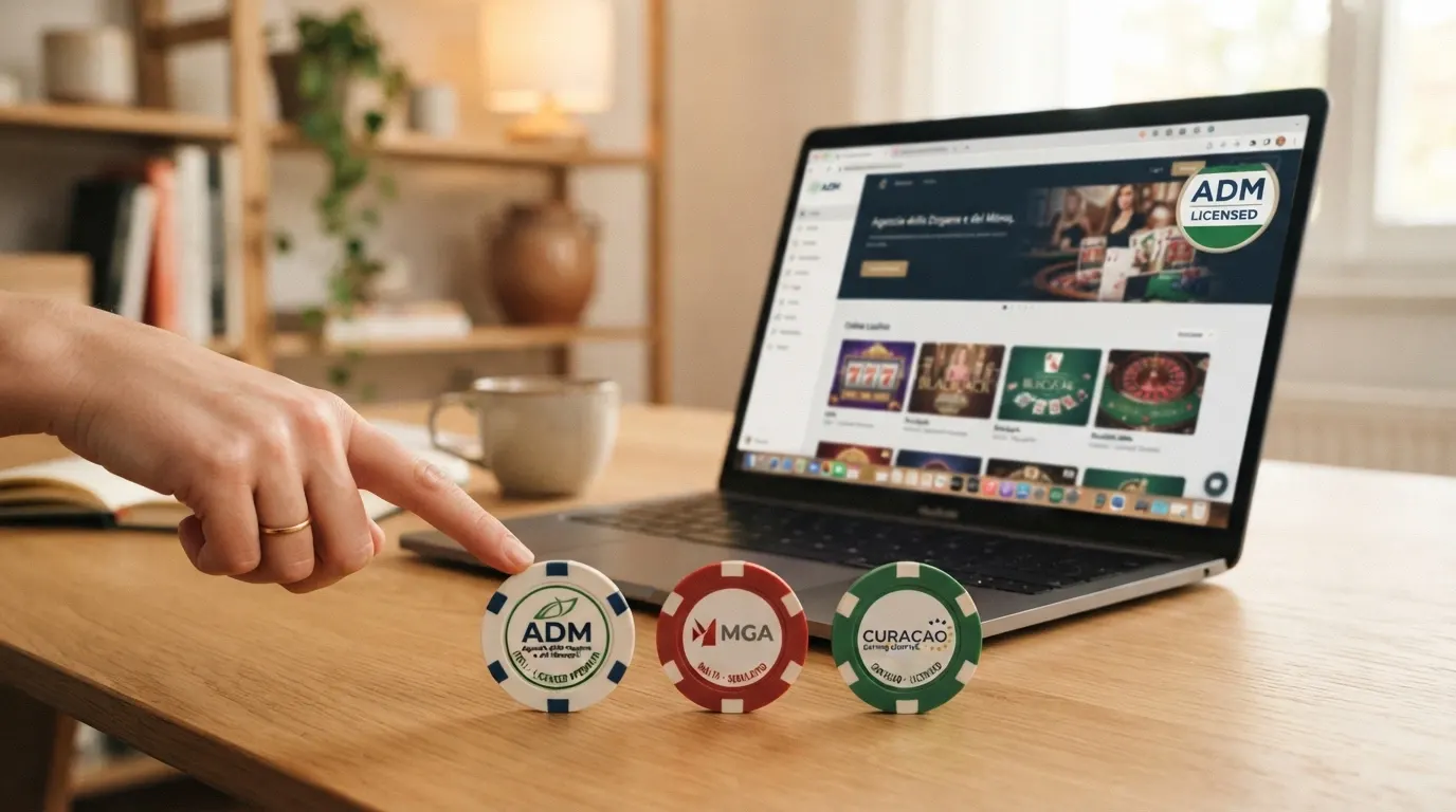 Tre badge stilizzati delle autorità di regolamentazione: ADM Italia, MGA Malta e Curaçao eGaming, con il territorio di competenza