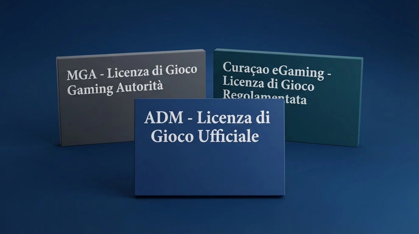 I loghi delle tre principali autorità di licenza del gioco online — ADM, MGA e Curaçao eGaming — affiancati su uno sfondo che evoca un documento ufficiale
