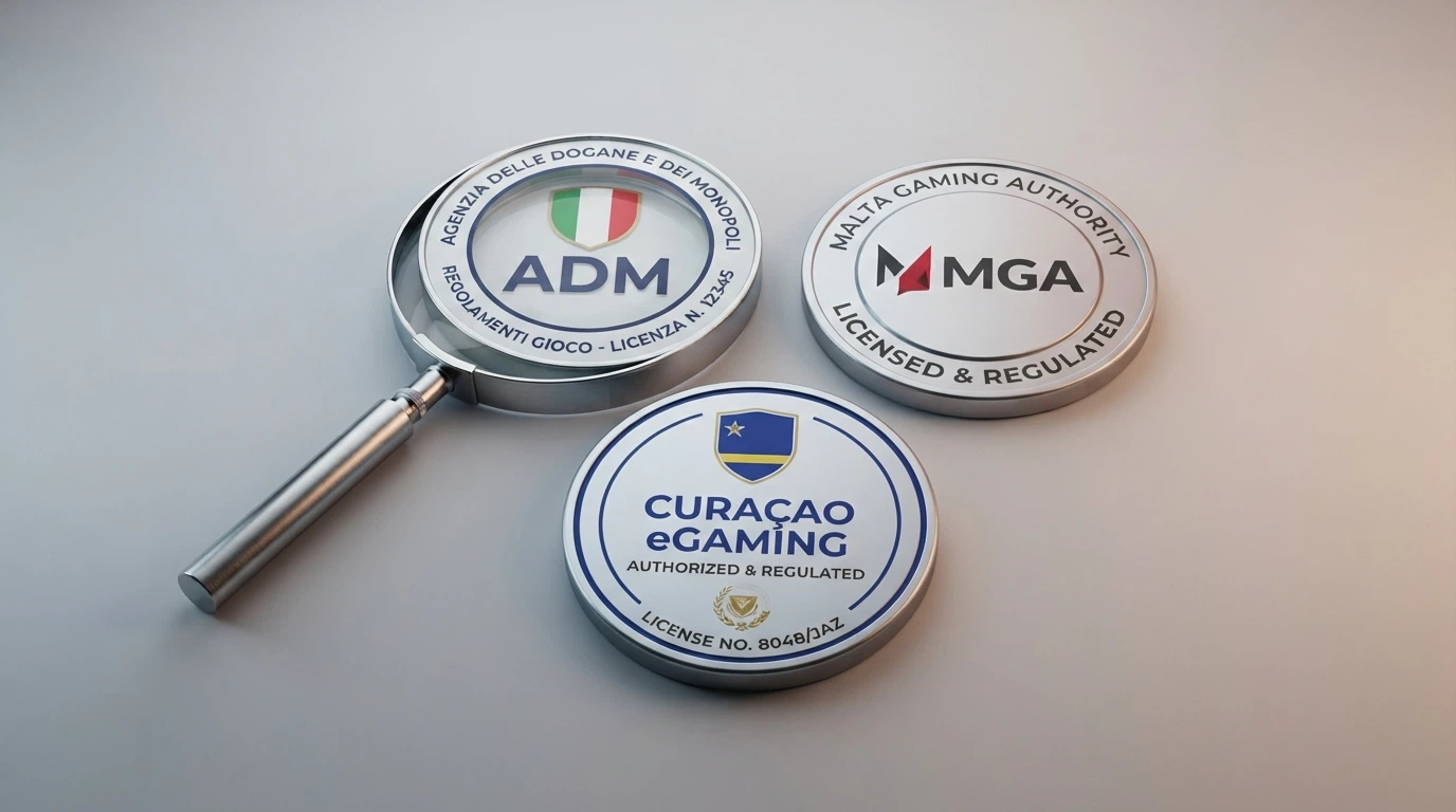 Tre sigilli di licenza affiancati — ADM, MGA e Curaçao eGaming — con una lente di ingrandimento posata su ciascuno