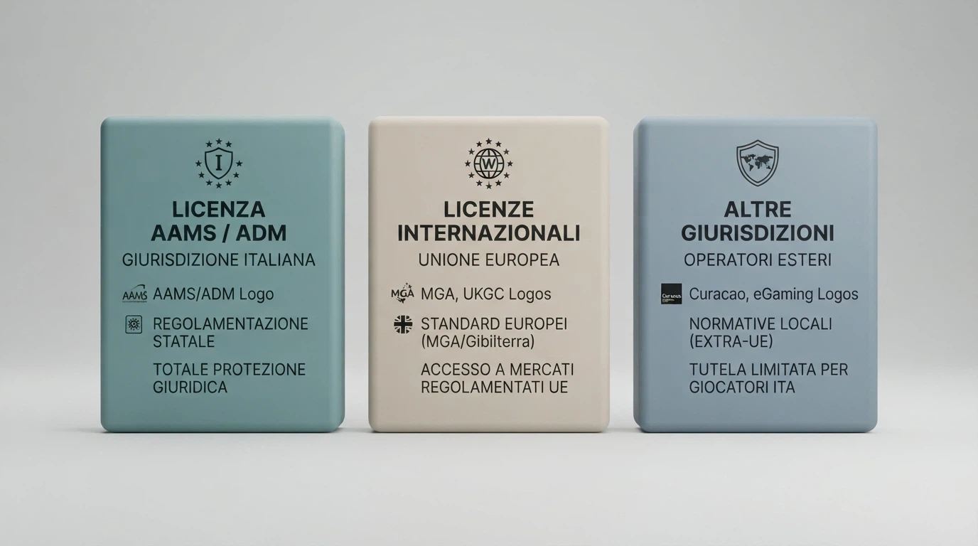 Tabella comparativa con i simboli delle tre giurisdizioni: concessione ADM italiana, licenza Curaçao eGaming e licenza MGA Malta, con le tutele associate a ciascuna