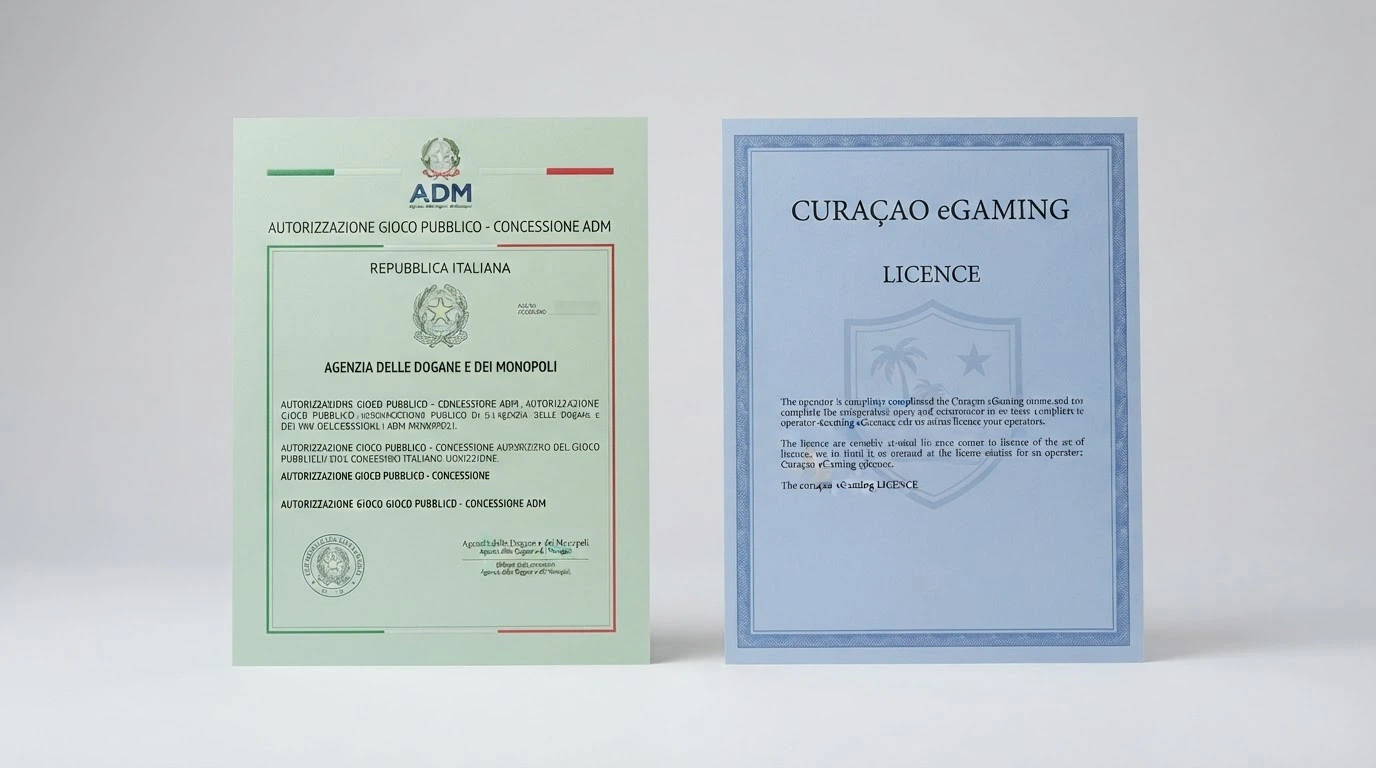 Un confronto visivo tra un certificato di concessione ADM e una licenza Curaçao eGaming, con i sigilli ufficiali e le differenze nei testi normativi evidenziate