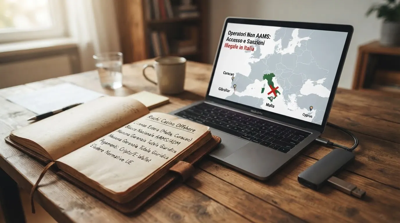 Una mappa concettuale che collega le giurisdizioni offshore (Curaçao, Costa Rica, Anjouan) al blocco DNS dell'ADM rivolto ai giocatori italiani