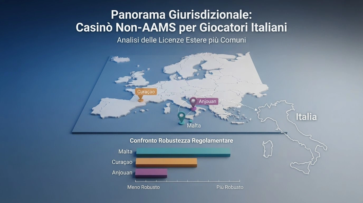 Mappa o schema che mostra Curaçao, Malta e Anjouan come giurisdizioni di licenza, con l'Italia evidenziata come mercato in cui nessuna di queste licenze autorizza l'offerta