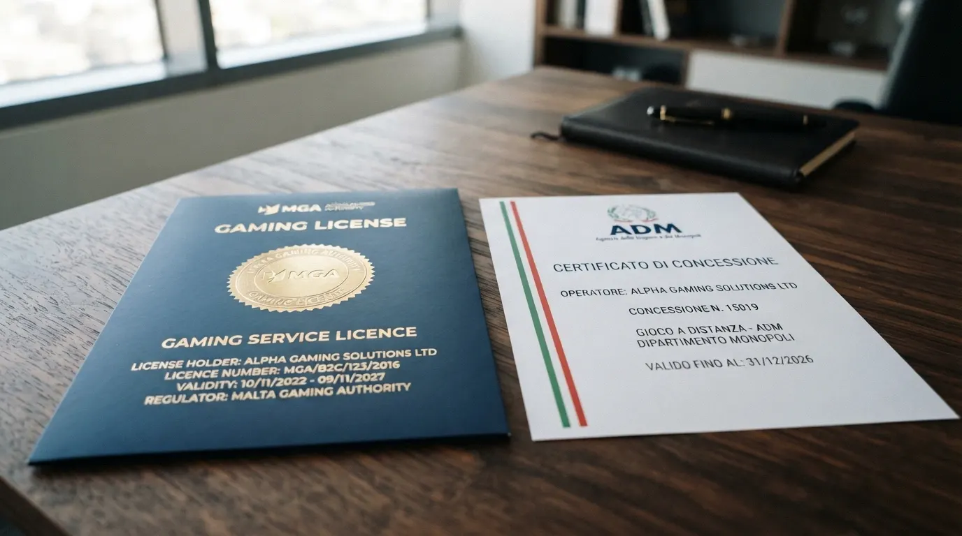 Due documenti ufficiali affiancati: un certificato di licenza offshore e una concessione ADM italiana