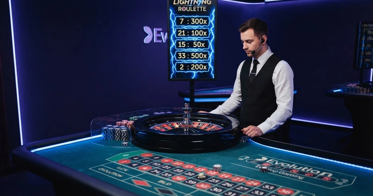 Un tavolo da Lightning Roulette in primo piano con l'illuminazione blu e viola dello studio Evolution, il croupier in piedi dietro il tavolo e i Numeri Fortunati proiettati sullo schermo sopra la ruota.