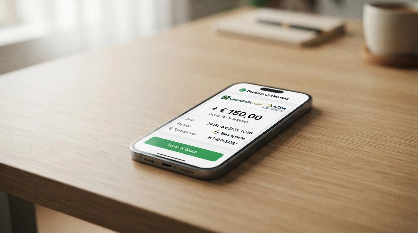 La schermata di riepilogo di un deposito su un casinò online con l'importo inserito, il metodo Bancoposta selezionato e la dicitura «accredito istantaneo» confermata.