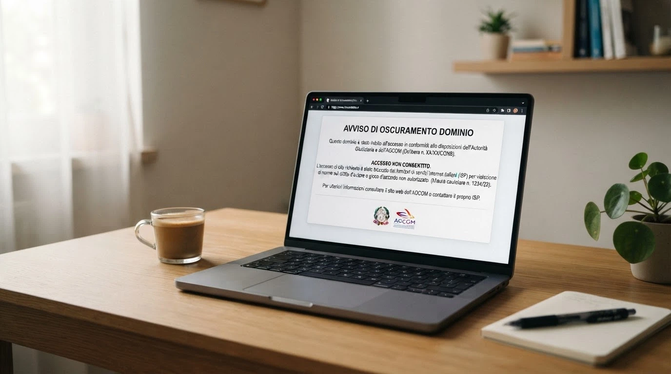 La schermata di un browser che mostra un dominio di gioco bloccato con un avviso di inaccessibilità da parte del provider italiano, con il logo ADM visibile