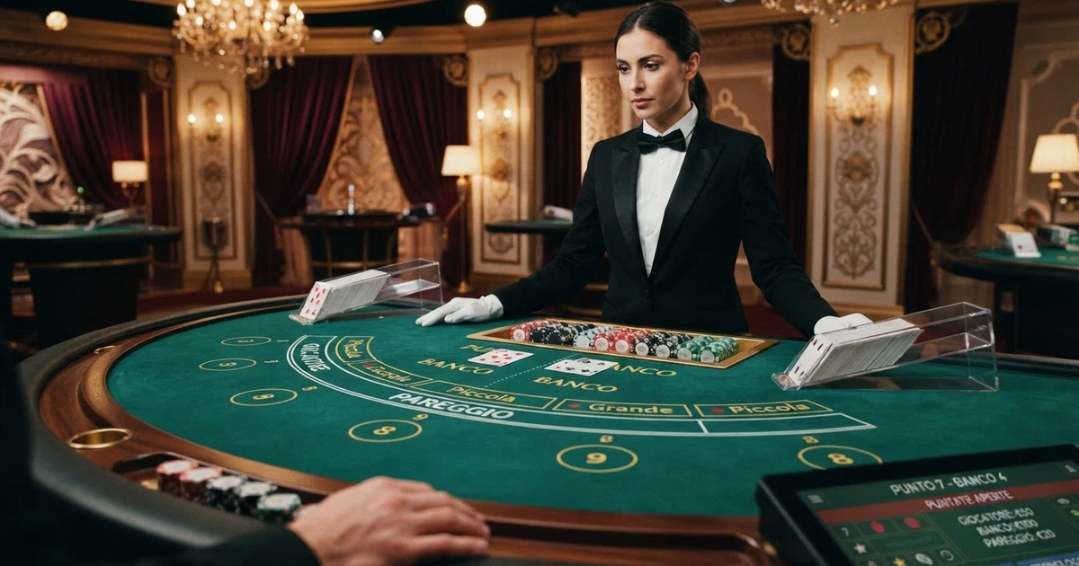 Un tavolo di baccarat live con croupier in smoking, carte disposte sul tavolo verde, schermo dell'interfaccia di gioco con le aree di puntata Banco, Giocatore e Pareggio illuminate