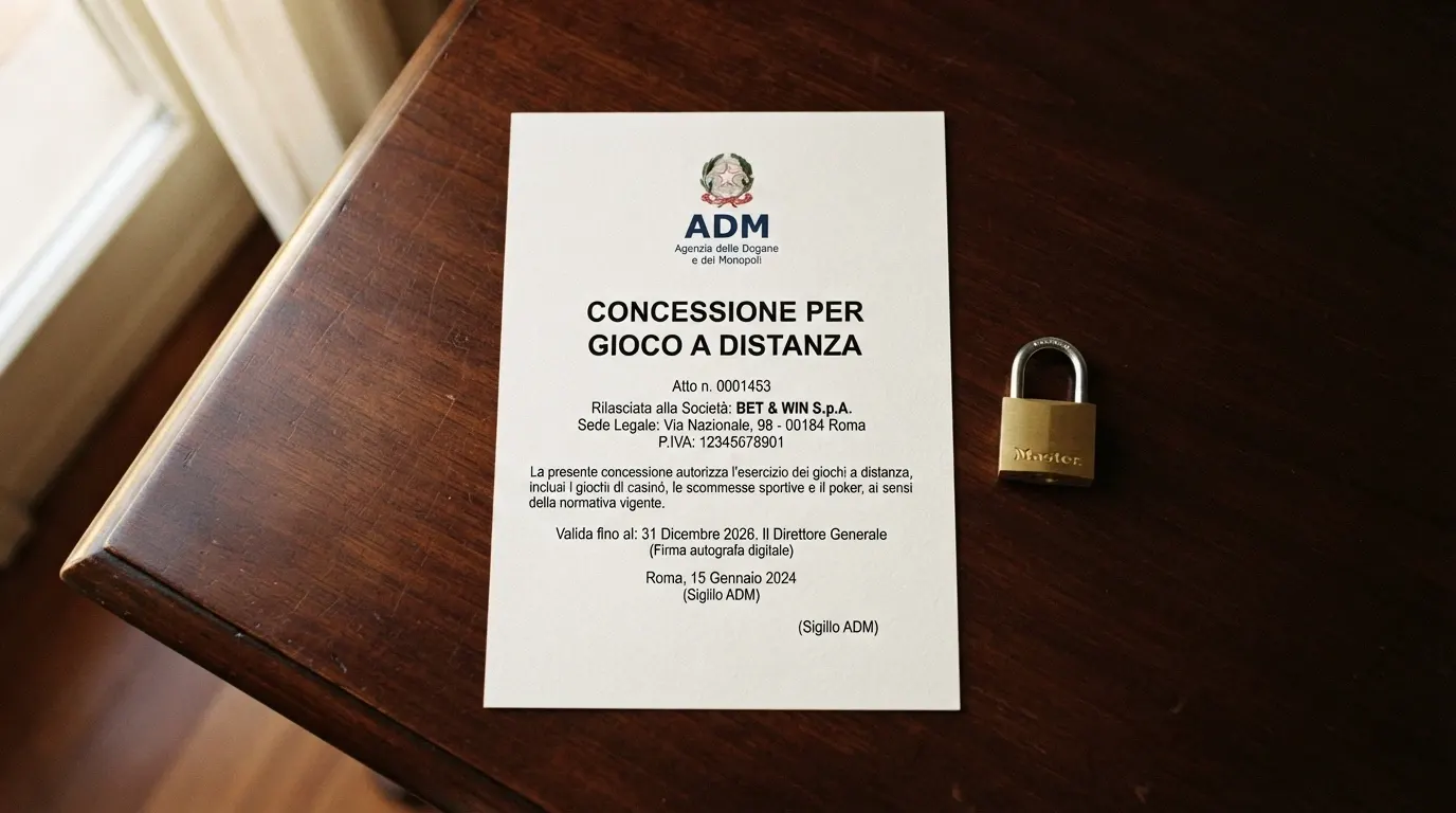 Il logo ufficiale dell'Agenzia delle Dogane e dei Monopoli (ADM) accanto alla dicitura «concessione per gioco a distanza» e a un'icona di un lucchetto.