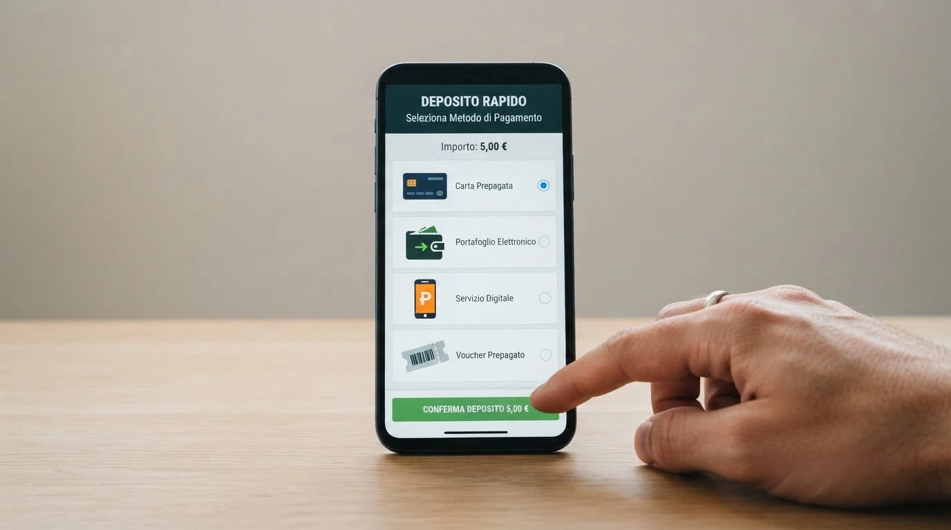Una schermata di un conto di gioco con le icone di Postepay, PayPal, Skrill e Paysafecard affiancate all'importo di 5 euro