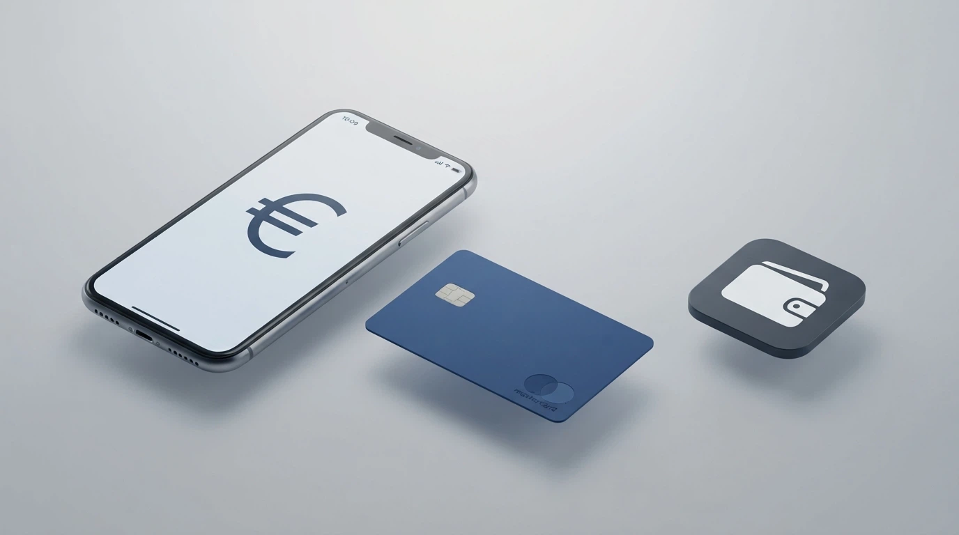 Tre oggetti affiancati — uno smartphone, una carta di credito e un portafoglio digitale — con etichette che ne indicano le caratteristiche distintive: limite, privacy e velocità