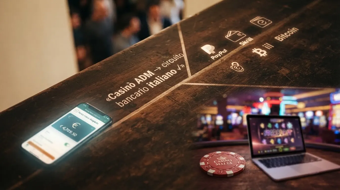 Una linea del tempo che parte dal logo MyBank, si divide in due rami: sopra «Casinò ADM → MyBank ✓», sotto «Casinò non AAMS → Skrill, Neteller, Crypto»
