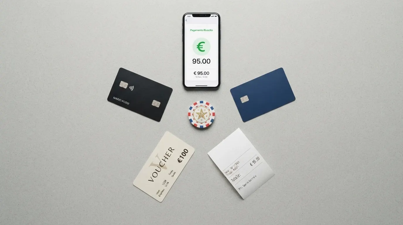 Un ventaglio di metodi di pagamento disposti a raggiera — carta di credito, smartphone con l'interfaccia PayPal, scontrino di ricarica da tabaccheria, carta Paysafecard, logo Postepay — con una moneta da 1 euro al centro