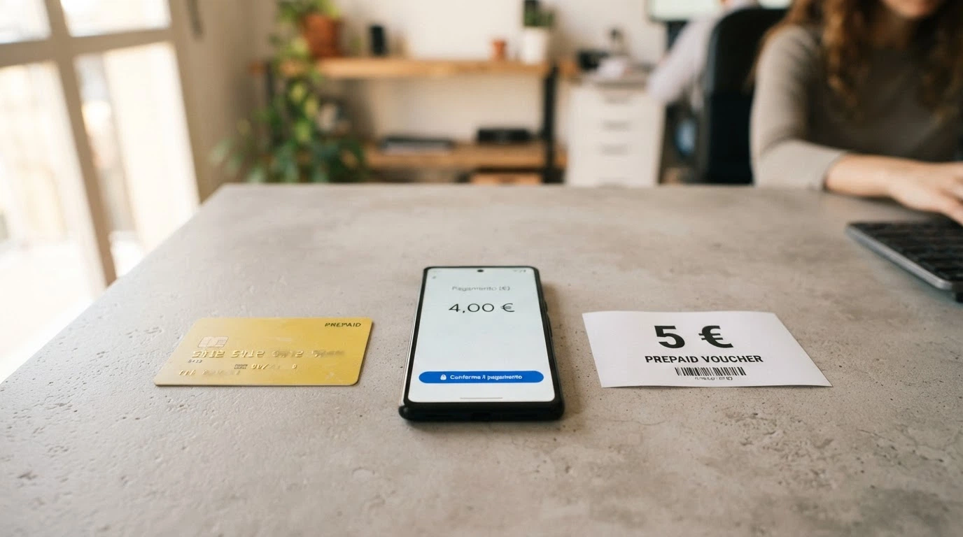 Una carta Postepay, un telefono con l'interfaccia PayPal e un voucher Paysafecard disposti su un tavolo