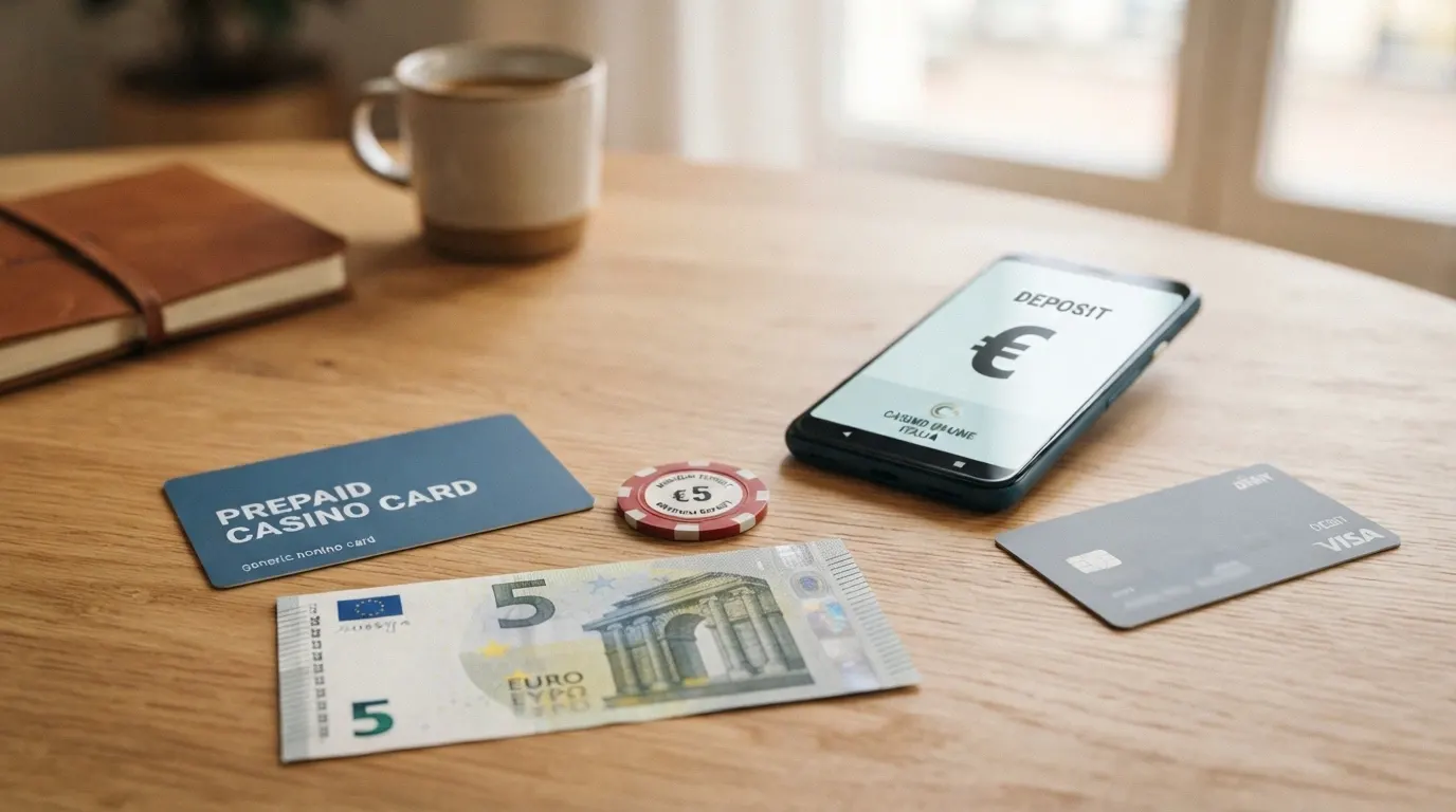 Una carta prepagata, uno smartphone con il logo PayPal e una carta di debito appoggiati su un tavolo accanto a una moneta da 2 euro e un biglietto da 5 euro