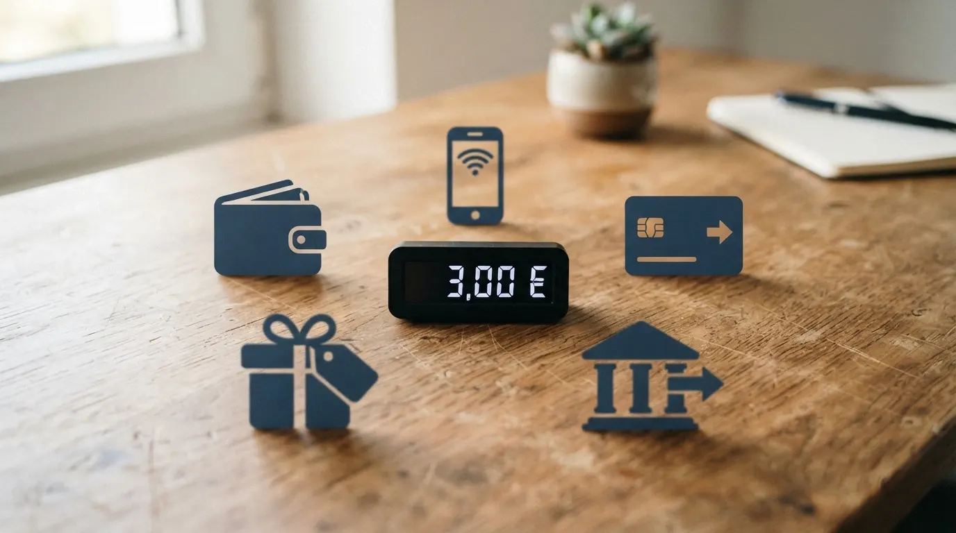 Un collage di icone di metodi di pagamento (PayPal, PostePay, Paysafecard, Skrill, Neteller, voucher) disposte su uno sfondo con un contatore che segna 3,00 €