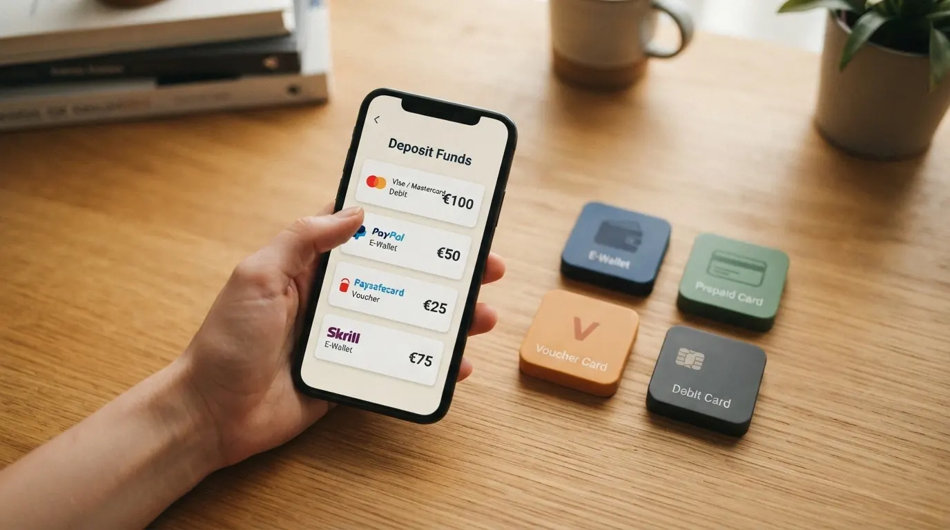 Una mano che tiene uno smartphone con le icone di PayPal, Postepay, Paysafecard e una carta di debito affiancate, sopra uno sfondo con il logo ADM in trasparenza