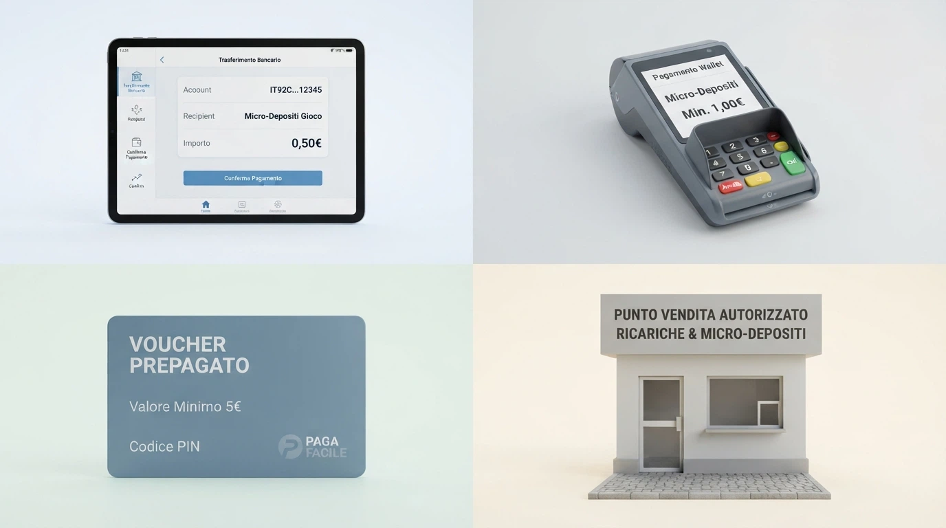 Uno schermo diviso in quattro sezioni che mostra le icone di bonifico bancario, PayPal, Paysafecard e il logo di un punto vendita fisico (tabaccheria o ricevitoria), con l'importo minimo accanto a ciascuna