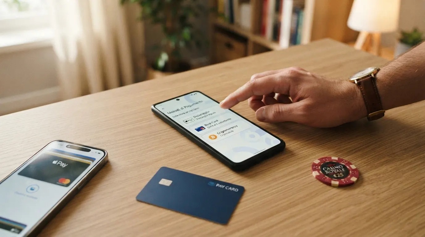 Portafoglio digitale, carte di credito, smartphone con app di banking e una clessidra come simbolo dei tempi di prelievo